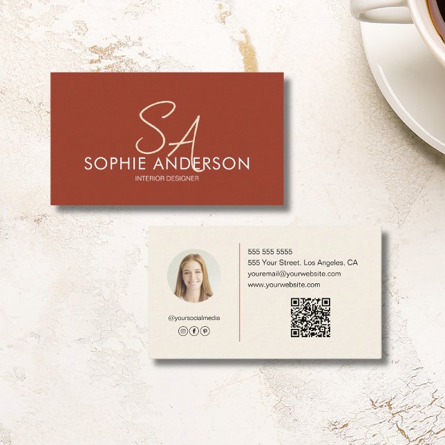 Modern Monogram Photo QR Terracotta Professional Business Card (Modern Monogram Photo QR Terracotta Professional Business Card)
