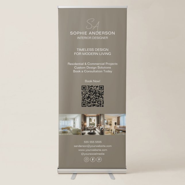 Modern Monogram Photo Taupe Professional Business Retractable Banner (Front)
