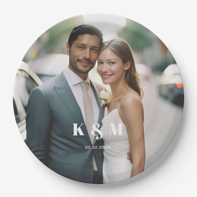 Modern monogram photo wedding  paper plates (Front)