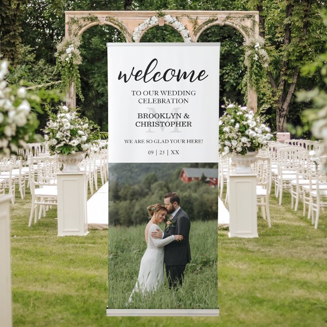 Modern Monogram Photo Welcome Wedding Vertical  Retractable Banner (Creator Uploaded)