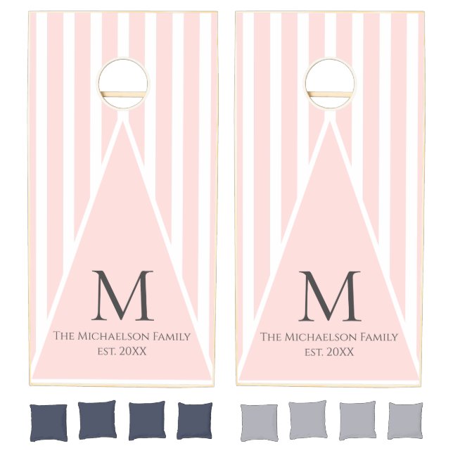Modern Monogram Pink and White Stripes Cornhole Set (Set)