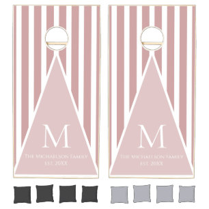 Modern Monogram Pink and White Stripes Cornhole Set
