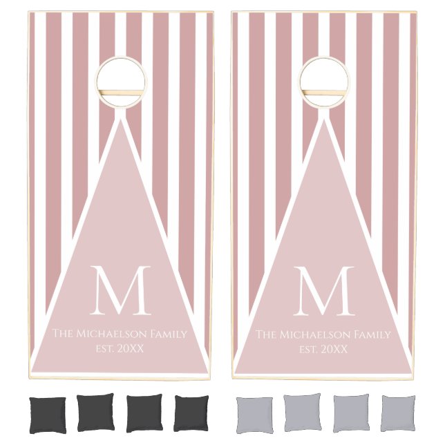 Modern Monogram Pink and White Stripes Cornhole Set (Set)