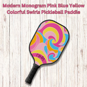 Modern Monogram Pink Blue Yellow Colorful Swirls Pickleball Paddle