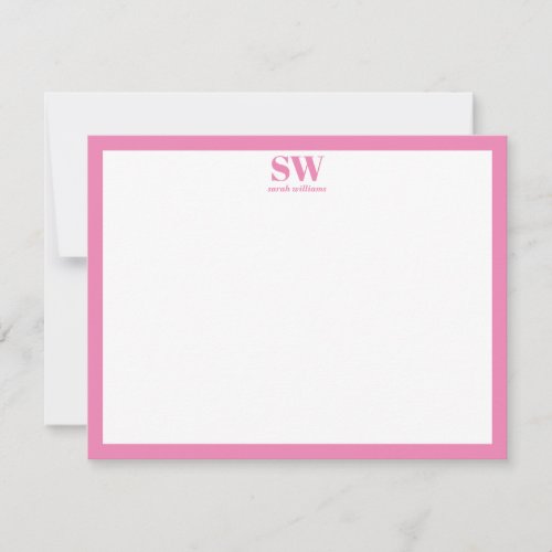 Modern Monogram Pink Border Minimalist Note Card