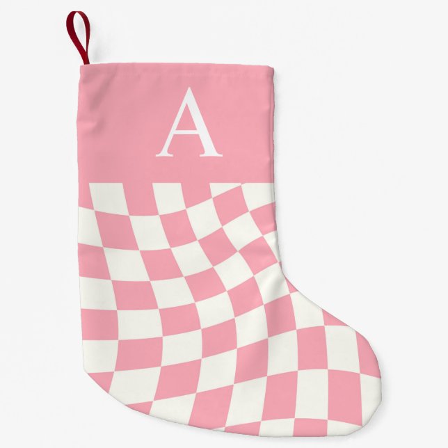 Modern Monogram Pink Checkered Double Side Small Christmas Stocking (Front)