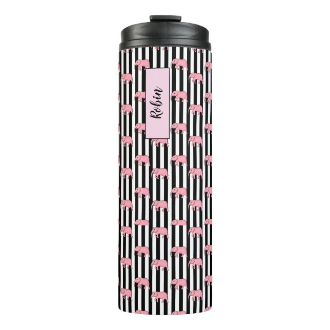 Modern Monogram Pink Elephants Pattern Strips Thermal Tumbler (Front)