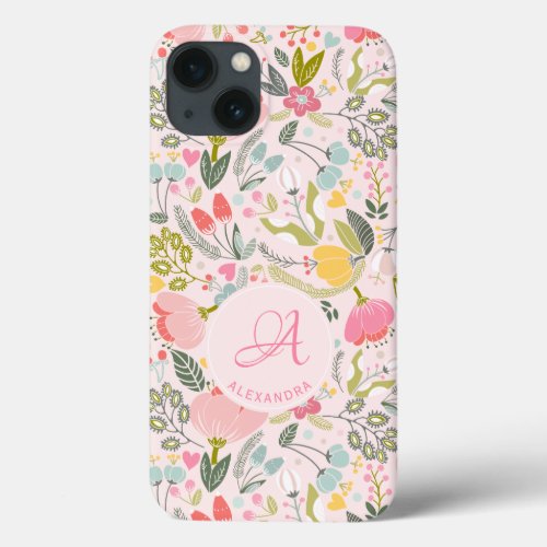 Modern monogram pink floral elegant personalized iPhone 13 case