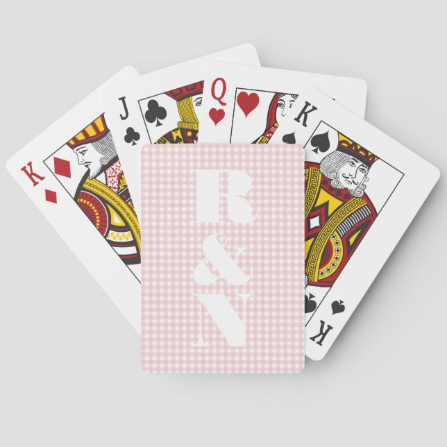 Modern Monogram Pink Gingham Custom Wedding Favor Poker Cards (Back)