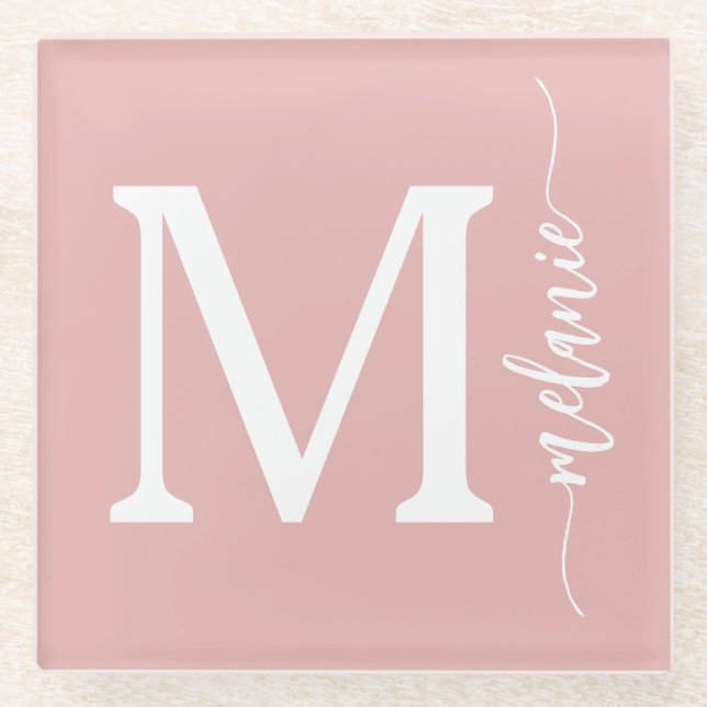 Modern Monogram Pink Glass Coaster (Front)