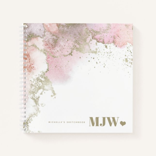 Modern Monogram Pink & Gold Abstract Sketchbook Notebook (Front)