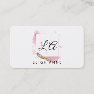Modern Monogram Pink Gold Watercolor Square Business Card