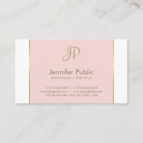 Modern Monogram Pink Gold White Clean Plain Trendy Business Card