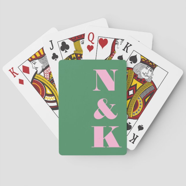Modern Monogram Pink Green Custom Wedding Favor Poker Cards (Back)