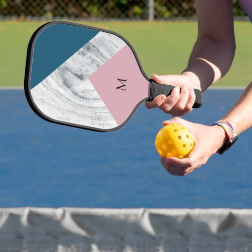 Modern Monogram Pink Marble Custom Pickleball Paddle