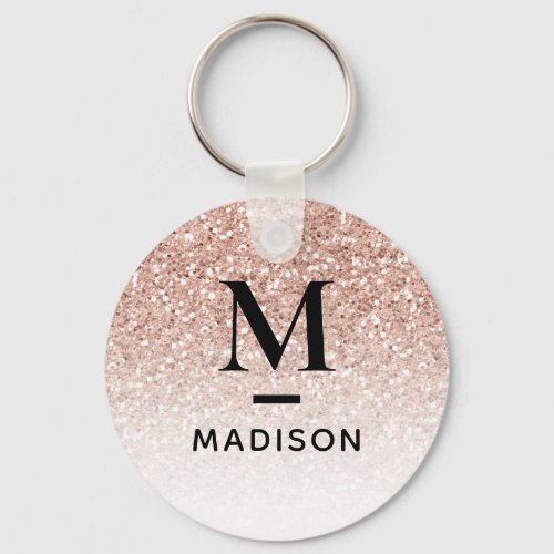 Modern Monogram Pink Rose Gold Glitter Ombre Name Keychain