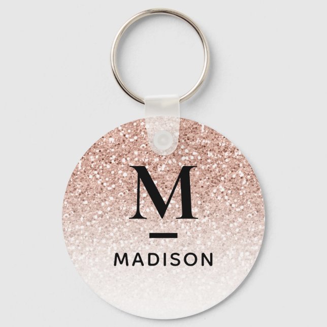 Modern Monogram Pink Rose Gold Glitter Ombre Name Keychain (Front)