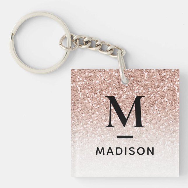 Modern Monogram Pink Rose Gold Glitter Ombre Name Keychain (Front)