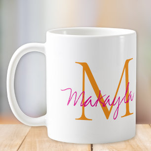 Modern Monogram Pink Script Name Coffee Mug