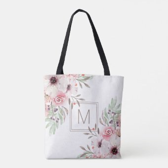 Modern Monogram Pink Watercolor Floral Tote Bag | Zazzle