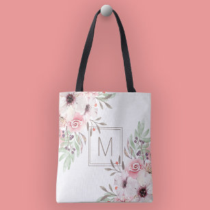 Modern Monogram Pink Watercolor Floral Tote Bag