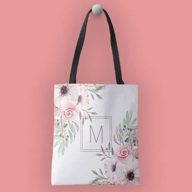 Modern Monogram Pink Watercolor Floral Tote Bag | Zazzle