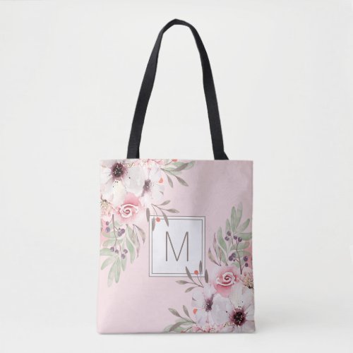 Modern Monogram Pink Watercolor Floral Tote Bag