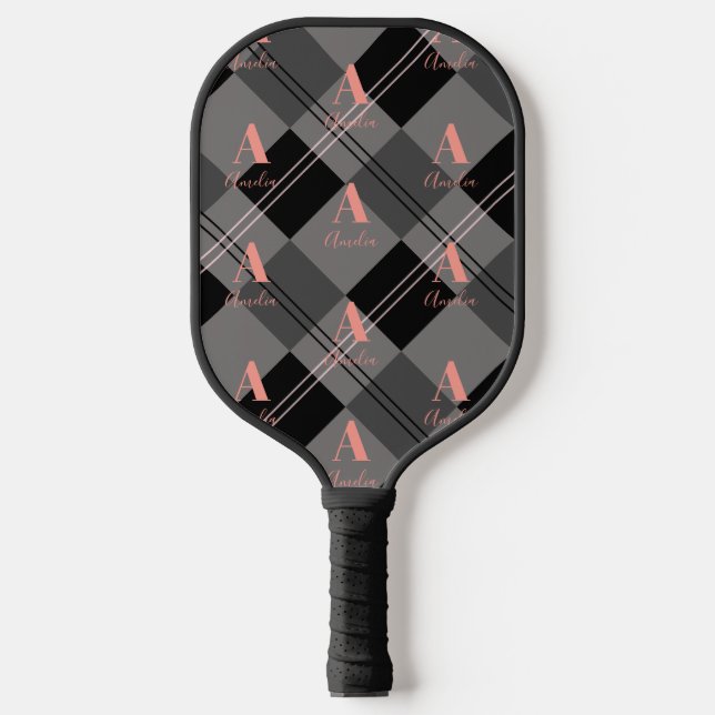 Modern Monogram Plaid Gray Black Pink Pickleball Paddle (Front)