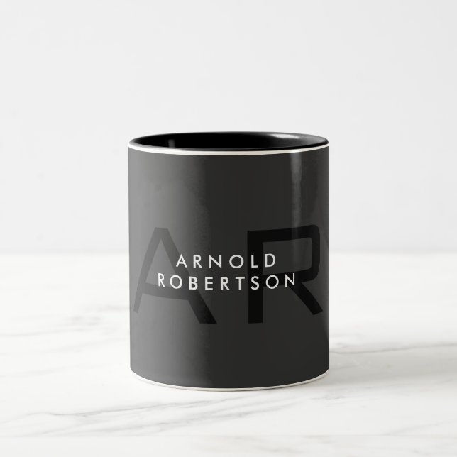 Modern Monogram Plain Gray Trendy Add Name Two-Tone Coffee Mug (Center)