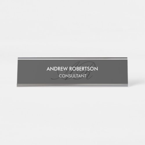 Modern Monogram Plain Gray Trendy Business Card Desk Name Plate