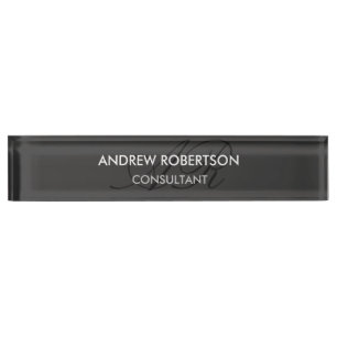 Modern Monogram Plain Gray Trendy Business Card Desk Name Plate