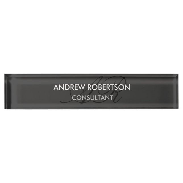 Modern Monogram Plain Gray Trendy Business Card Desk Name Plate (Front)