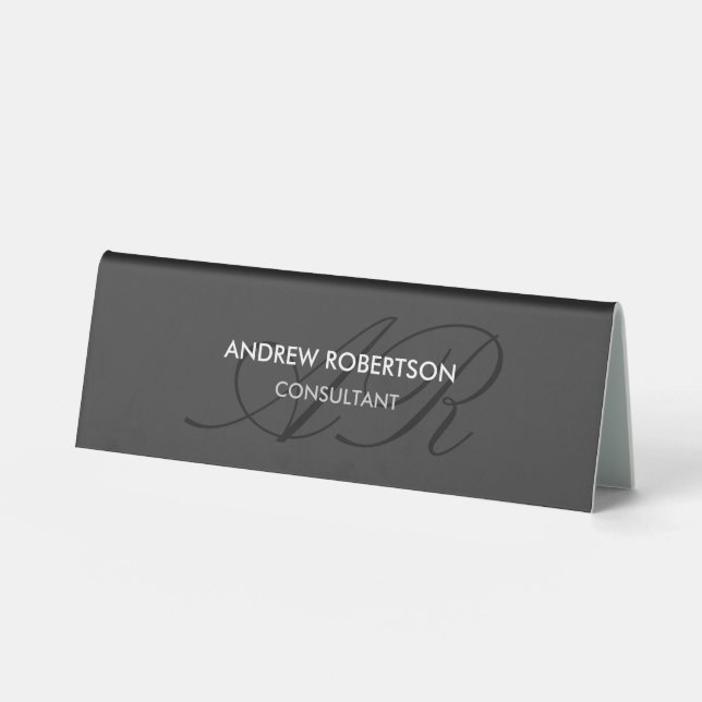 Modern Monogram Plain Gray Trendy Business Card Table Tent (Front)