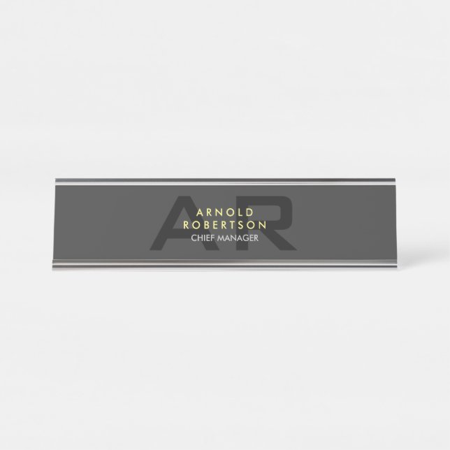 Modern Monogram Plain Gray Trendy Business Desk Name Plate (Front)