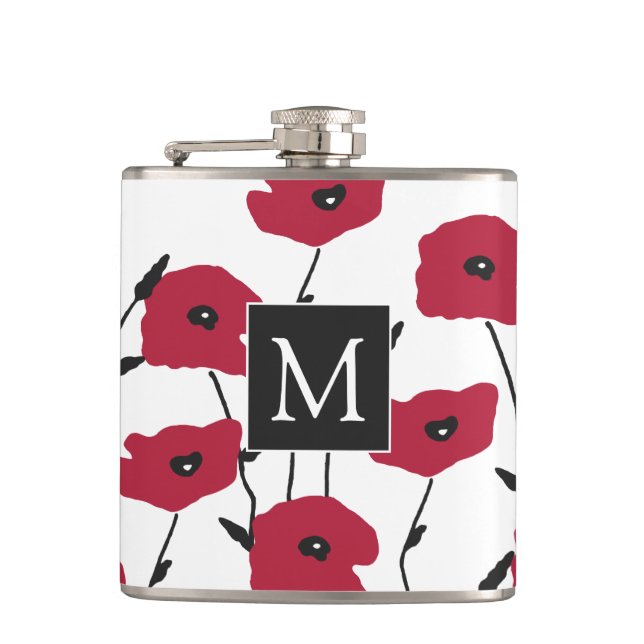 Modern Monogram Poppies Pattern Flask (Front)