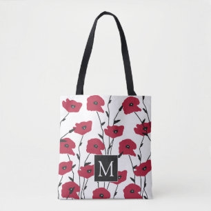Modern Monogram Poppies Pattern Tote Bag