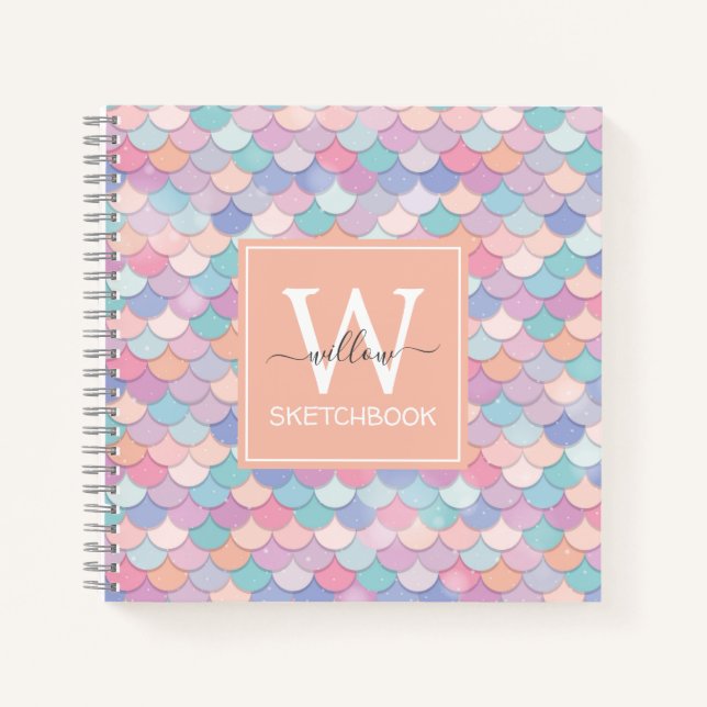 Modern Monogram Pretty Mermaid Orange Sketchbook Notebook (Front)