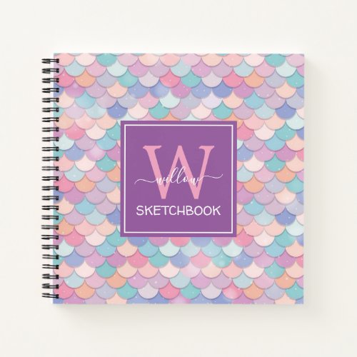 Modern Monogram Pretty Mermaid Purple Sketchbook Notebook