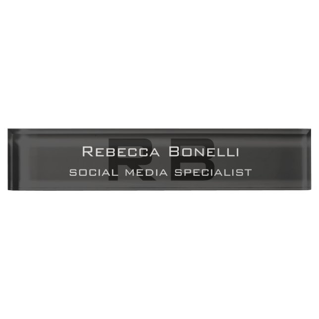 Modern Monogram Professional Black Grey Desk Name Plate (Front)