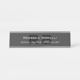 Modern Monogram Professional Black Grey Desk Name Plate