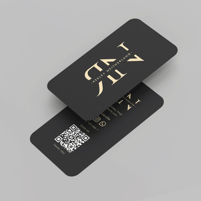 Modern Monogram Professional Initials Black Gold Business Card (Modern Monogram Elegant Professional Reversed Initials Black Gold QR Code Business Card
)
