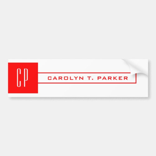Modern Monogram Professional Plain Name Red White Bumper Sticker