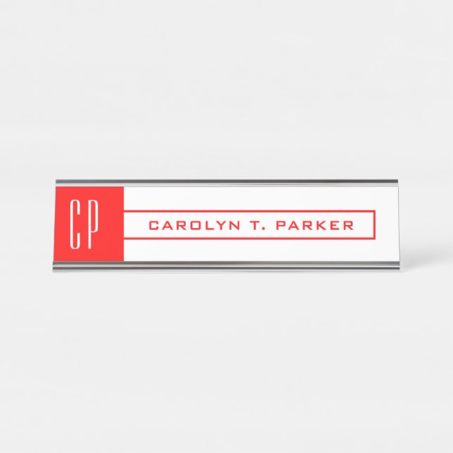 Modern Monogram Professional Plain Name Red White Desk Name Plate (Front)