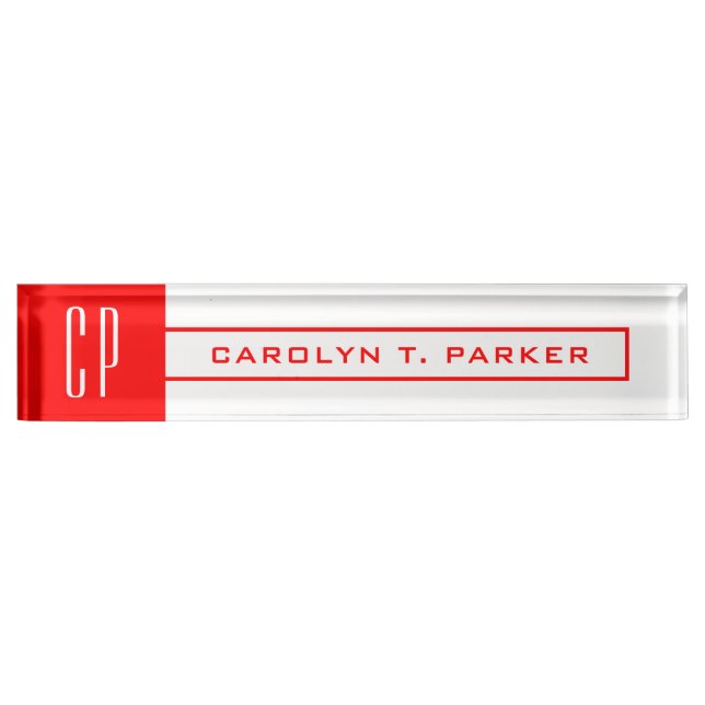 Modern Monogram Professional Plain Name Red White Desk Name Plate (Front)