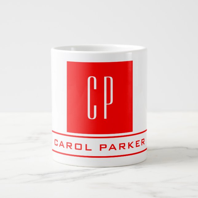Modern Monogram Professional Plain Name Red White Giant Coffee Mug (Front)