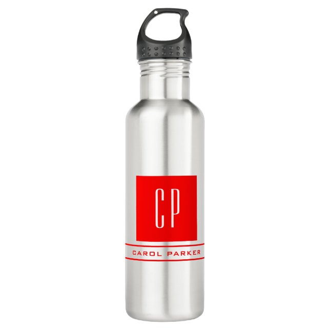 Modern Monogram Professional Plain Name Red White Stainless Steel Water Bottle (Front)