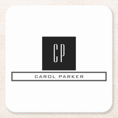 Modern Monogram Professional Plain Simple Name Square Paper Coaster