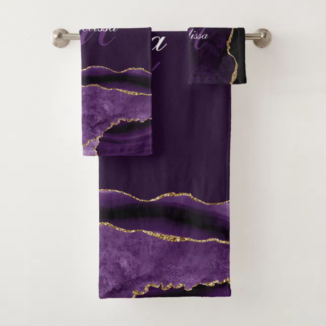 modern monogram purple and gold agate bath towel set Zazzle