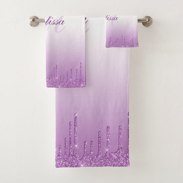modern monogram purple glitter bath towel set (Insitu)