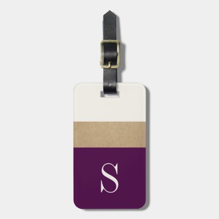 Modern Monogram Purple Gold Striped | Luggage Tag